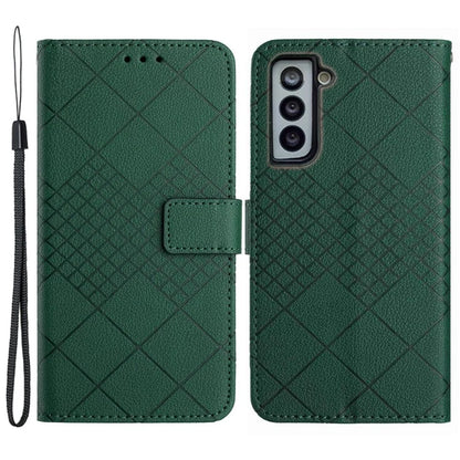 HT06 For Samsung Galaxy S22 5G Case Anti-scratch PU Leather Rhombus Pattern Stand Phone Cover
