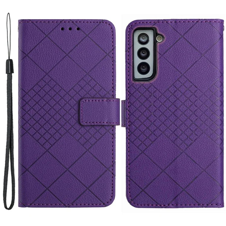 HT06 For Samsung Galaxy S22 5G Case Anti-scratch PU Leather Rhombus Pattern Stand Phone Cover