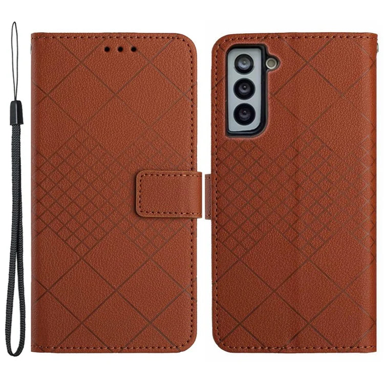 HT06 For Samsung Galaxy S22+ 5G Case PU Leather Rhombus Pattern Stand Anti-scratch Phone Cover