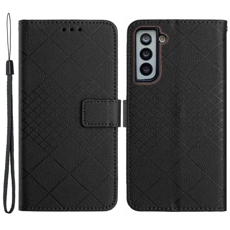 HT06 For Samsung Galaxy S22+ 5G Case PU Leather Rhombus Pattern Stand Anti-scratch Phone Cover
