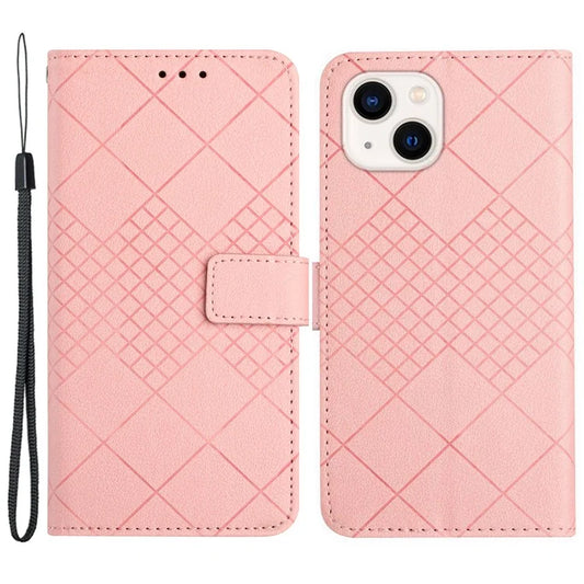 HT06 For iPhone 13 6.1 inch Case Imprint Rhombus Pattern Stand PU Leather Phone Cover