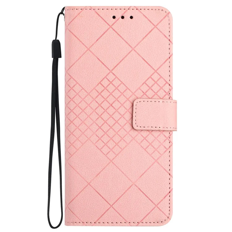 HT06 For iPhone 13 6.1 inch Case Imprint Rhombus Pattern Stand PU Leather Phone Cover