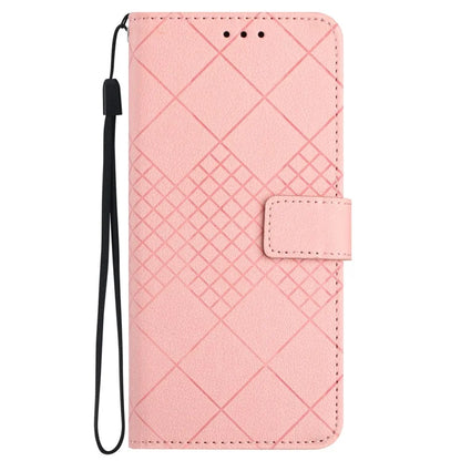 HT06 For iPhone 13 6.1 inch Case Imprint Rhombus Pattern Stand PU Leather Phone Cover
