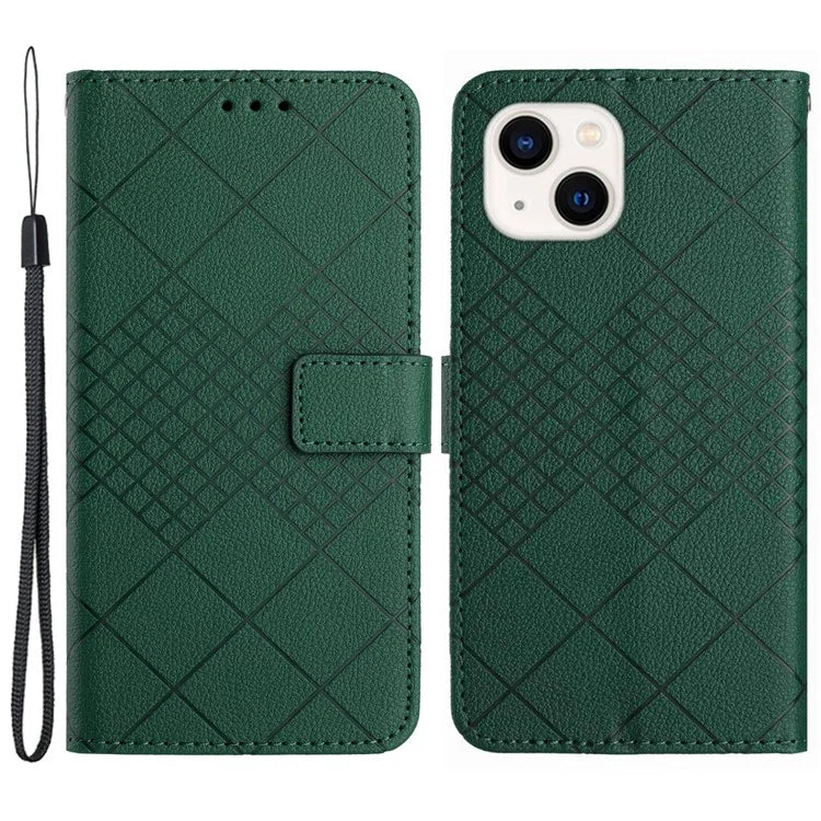 HT06 For iPhone 13 6.1 inch Case Imprint Rhombus Pattern Stand PU Leather Phone Cover