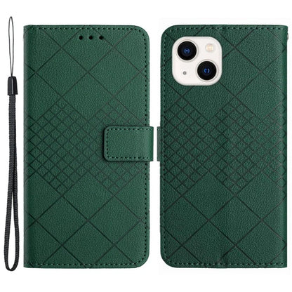HT06 For iPhone 13 6.1 inch Case Imprint Rhombus Pattern Stand PU Leather Phone Cover