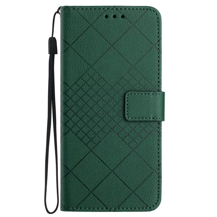 HT06 For iPhone 13 6.1 inch Case Imprint Rhombus Pattern Stand PU Leather Phone Cover