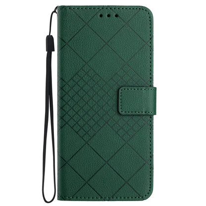 HT06 For iPhone 13 6.1 inch Case Imprint Rhombus Pattern Stand PU Leather Phone Cover