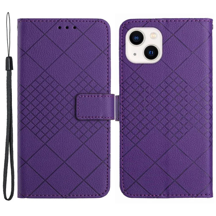 HT06 For iPhone 13 6.1 inch Case Imprint Rhombus Pattern Stand PU Leather Phone Cover