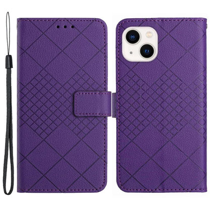 HT06 For iPhone 13 6.1 inch Case Imprint Rhombus Pattern Stand PU Leather Phone Cover