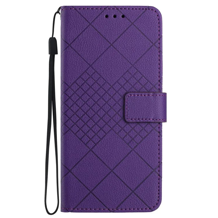 HT06 For iPhone 13 6.1 inch Case Imprint Rhombus Pattern Stand PU Leather Phone Cover