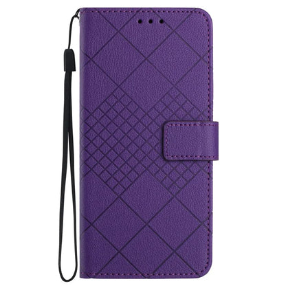HT06 For iPhone 13 6.1 inch Case Imprint Rhombus Pattern Stand PU Leather Phone Cover