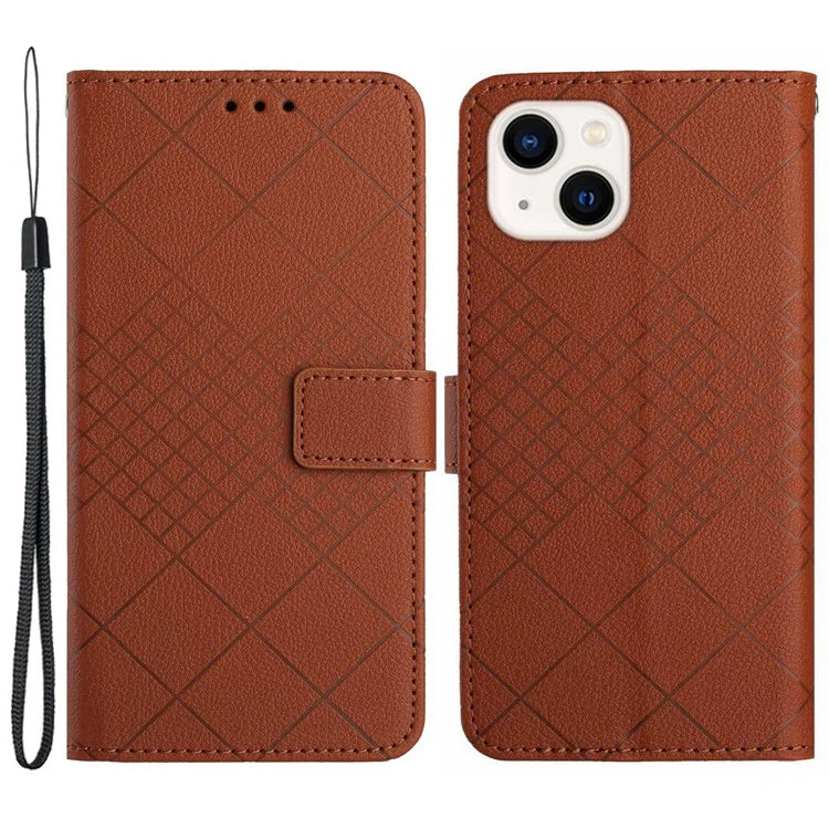 HT06 For iPhone 13 6.1 inch Case Imprint Rhombus Pattern Stand PU Leather Phone Cover