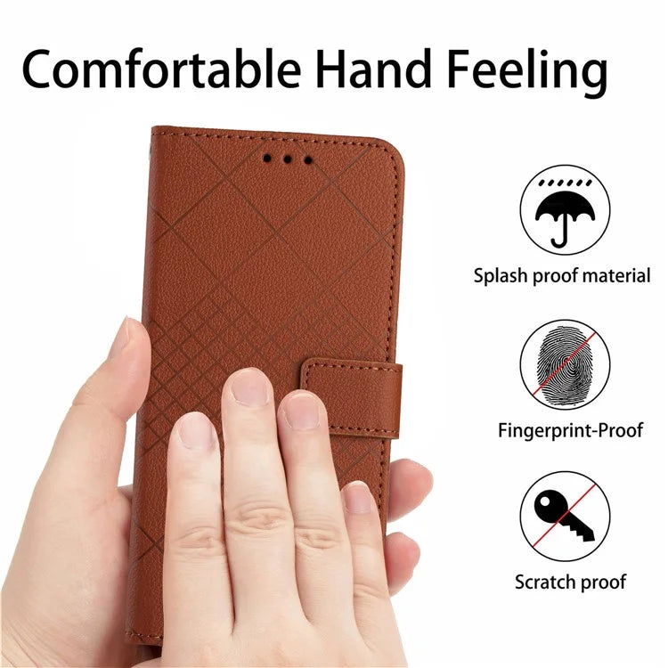 HT06 For iPhone 13 6.1 inch Case Imprint Rhombus Pattern Stand PU Leather Phone Cover