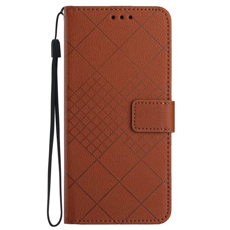 HT06 For iPhone 13 6.1 inch Case Imprint Rhombus Pattern Stand PU Leather Phone Cover