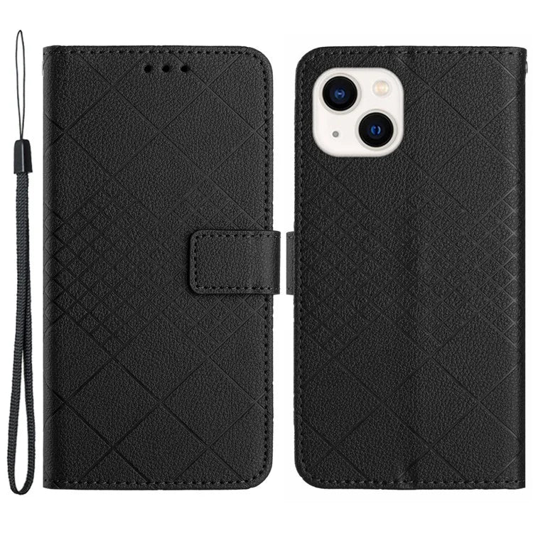HT06 For iPhone 13 6.1 inch Case Imprint Rhombus Pattern Stand PU Leather Phone Cover