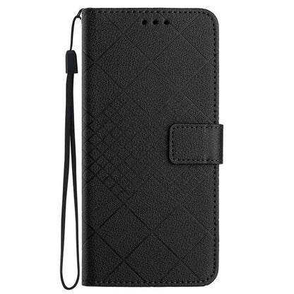 HT06 For iPhone 13 6.1 inch Case Imprint Rhombus Pattern Stand PU Leather Phone Cover