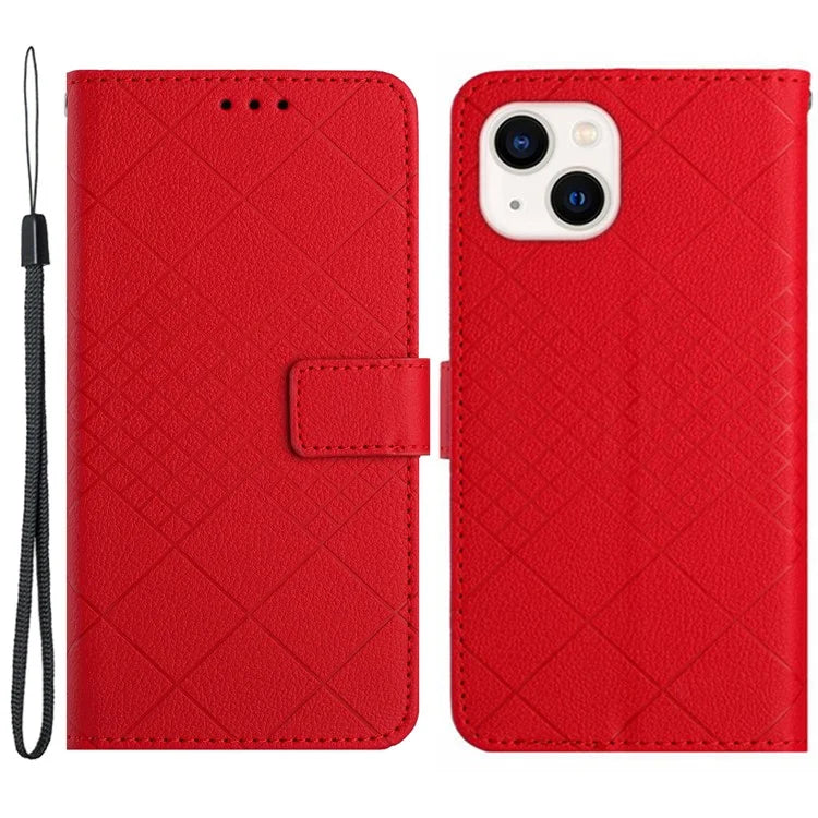 HT06 For iPhone 13 6.1 inch Case Imprint Rhombus Pattern Stand PU Leather Phone Cover