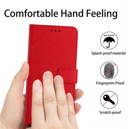 HT06 For iPhone 13 6.1 inch Case Imprint Rhombus Pattern Stand PU Leather Phone Cover