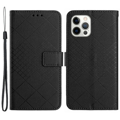HT06 For iPhone 14 Pro Max Case Imprint Litchi Texture PU Leather Stand Smart Phone Cover