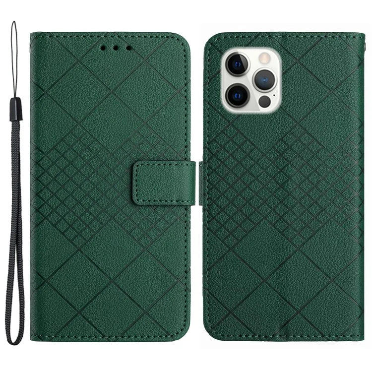 HT06 For iPhone 14 Pro Max Case Imprint Litchi Texture PU Leather Stand Smart Phone Cover
