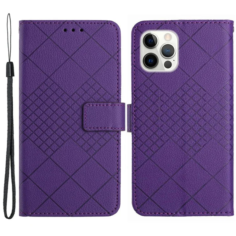 HT06 For iPhone 14 Pro Max Case Imprint Litchi Texture PU Leather Stand Smart Phone Cover