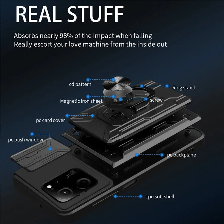 For Xiaomi Redmi K60 Ultra / 13T / 13T Pro Case PC+TPU Slide Lens Guard Phone Cover with Kickstand