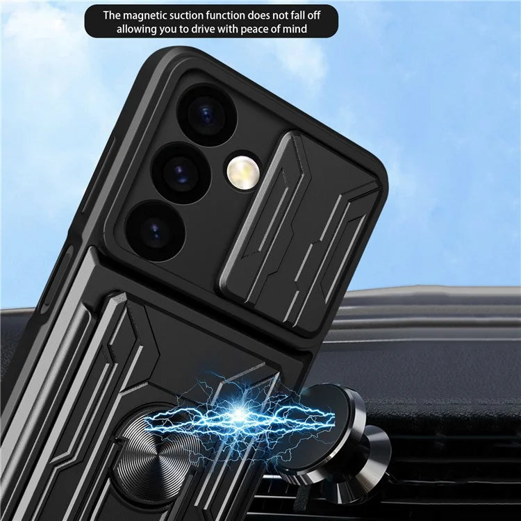For Samsung Galaxy S24 Phone Case PC+TPU Anti-scratch Kickstand Cover + Slide Lens Protection