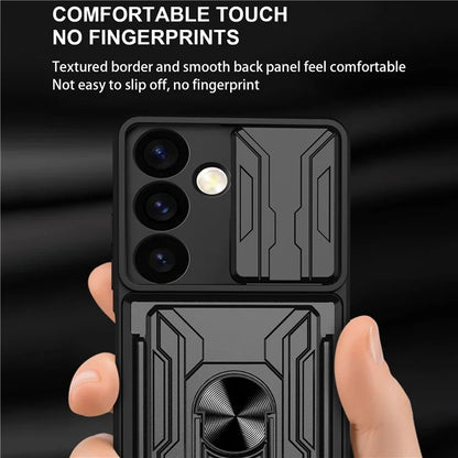 For Samsung Galaxy S24 Phone Case PC+TPU Anti-scratch Kickstand Cover + Slide Lens Protection