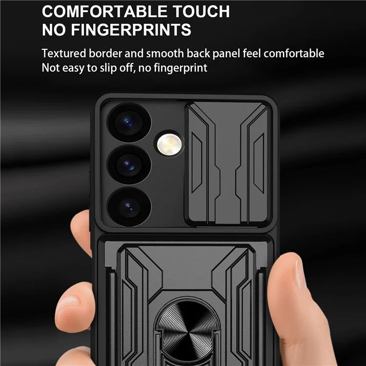For Samsung Galaxy S24 Phone Case PC+TPU Anti-scratch Kickstand Cover + Slide Lens Protection