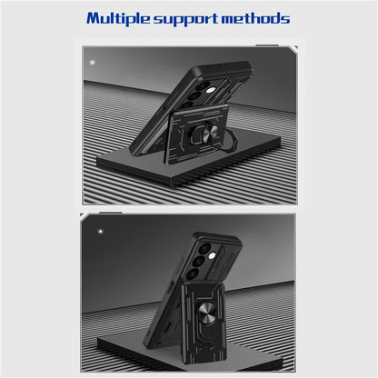 For Samsung Galaxy S24 Phone Case PC+TPU Anti-scratch Kickstand Cover + Slide Lens Protection