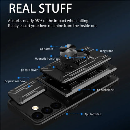 For Samsung Galaxy S24 Phone Case PC+TPU Anti-scratch Kickstand Cover + Slide Lens Protection