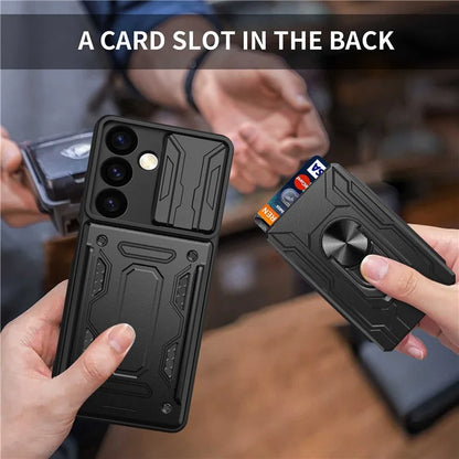 For Samsung Galaxy S24 Phone Case PC+TPU Anti-scratch Kickstand Cover + Slide Lens Protection