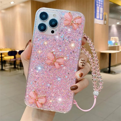 For iPhone 15 Pro Glittery Sequins Epoxy Case Butterfly TPU Phone Cover with Chain