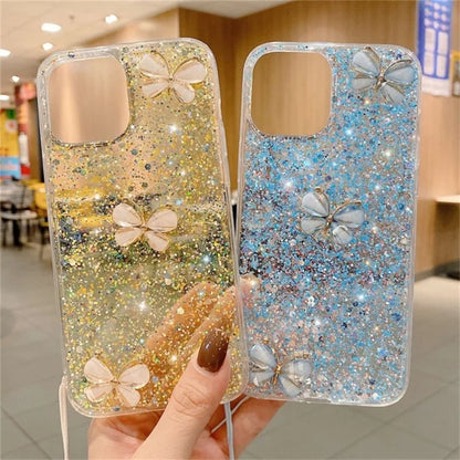 For iPhone 15 Pro Glittery Sequins Epoxy Case Butterfly TPU Phone Cover with Chain