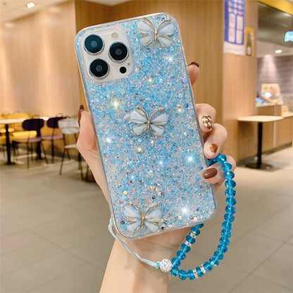 For iPhone 15 Pro Glittery Sequins Epoxy Case Butterfly TPU Phone Cover with Chain