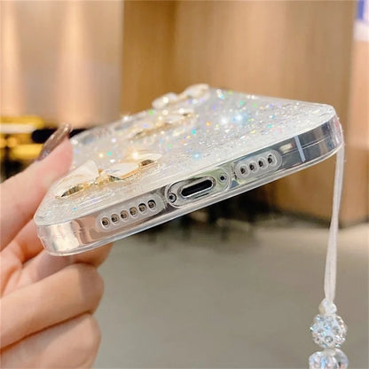 For iPhone 15 Pro Glittery Sequins Epoxy Case Butterfly TPU Phone Cover with Chain