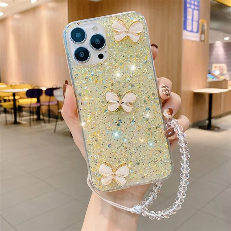 For iPhone 15 Pro Glittery Sequins Epoxy Case Butterfly TPU Phone Cover with Chain