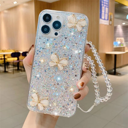 For iPhone 15 Pro Glittery Sequins Epoxy Case Butterfly TPU Phone Cover with Chain