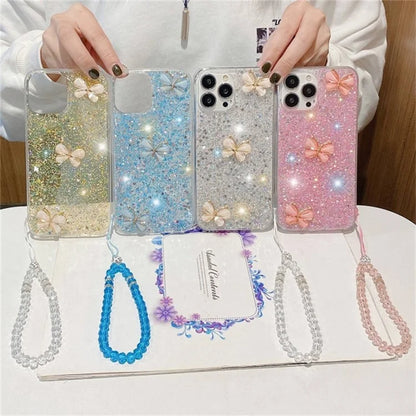 For iPhone 15 Pro Glittery Sequins Epoxy Case Butterfly TPU Phone Cover with Chain