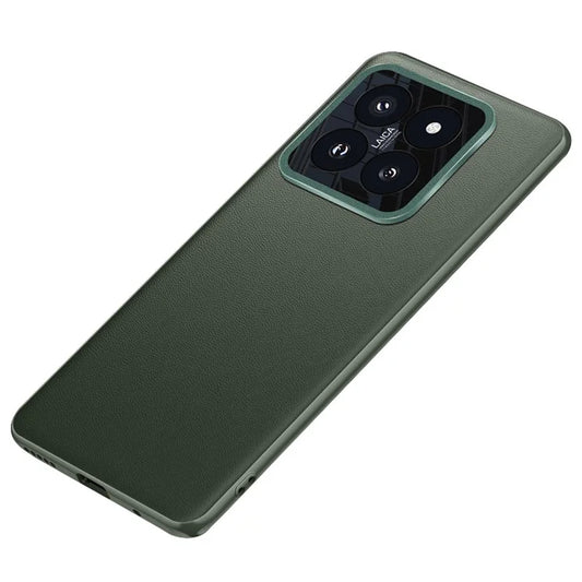 For Xiaomi 14 Case Leather Coated PC+TPU Metal Lens Protection Phone Cover (2nd Gen)
