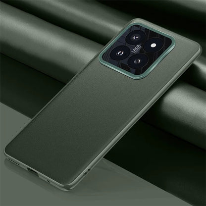 For Xiaomi 14 Case Leather Coated PC+TPU Metal Lens Protection Phone Cover (2nd Gen)
