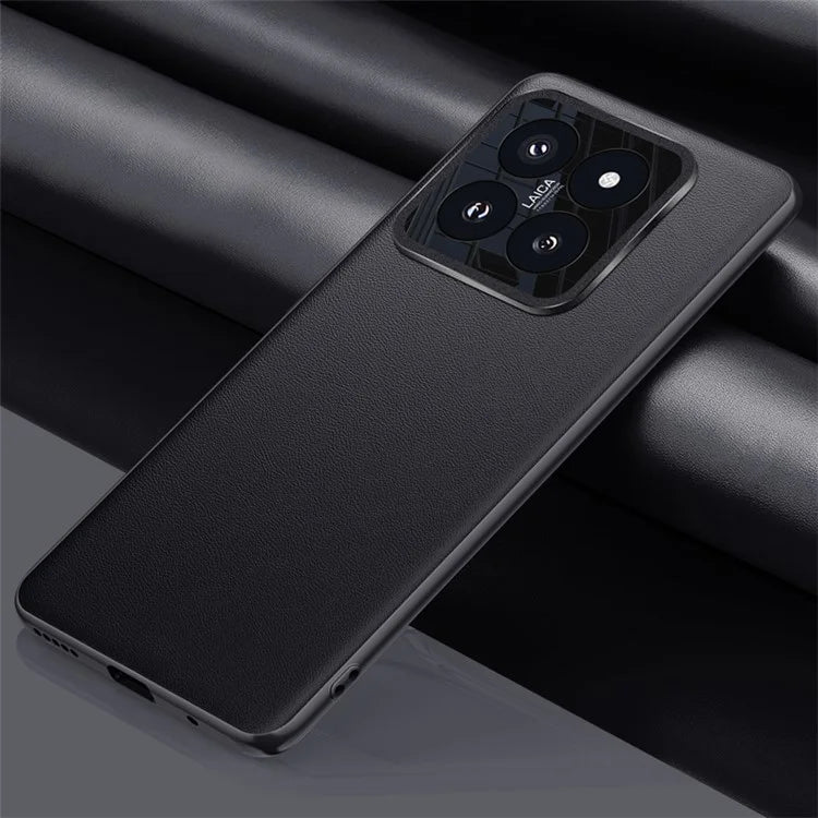 For Xiaomi 14 Case Leather Coated PC+TPU Metal Lens Protection Phone Cover (2nd Gen)