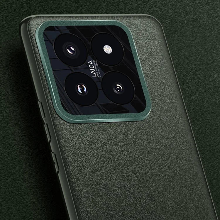 For Xiaomi 14 Case Leather Coated PC+TPU Metal Lens Protection Phone Cover (2nd Gen)