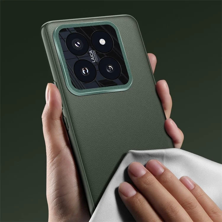 For Xiaomi 14 Case Leather Coated PC+TPU Metal Lens Protection Phone Cover (2nd Gen)