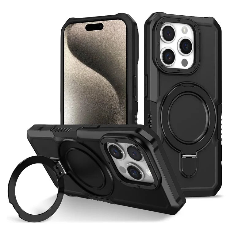 For iPhone 15 Pro Max Ring Kickstand Case TPU + PC Magnetic Phone Cover