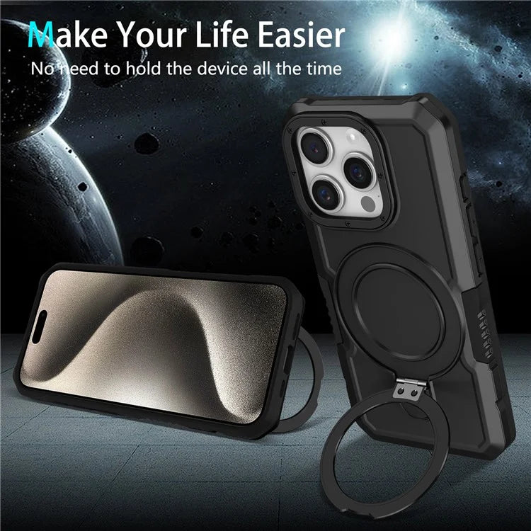 For iPhone 15 Pro Max Ring Kickstand Case TPU + PC Magnetic Phone Cover