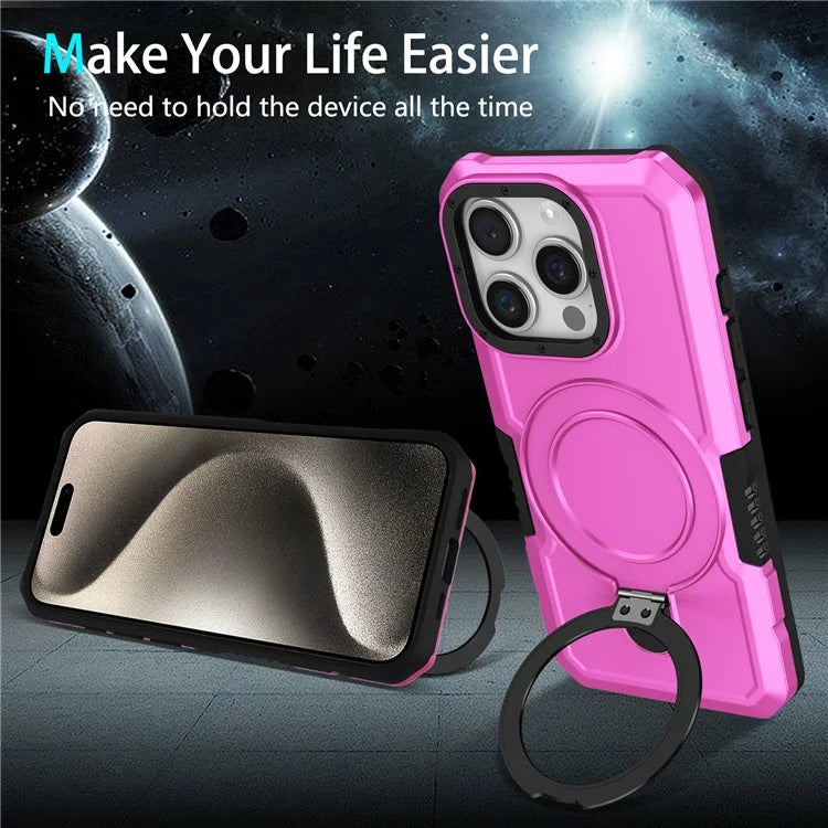 For iPhone 15 Pro Max Ring Kickstand Case TPU + PC Magnetic Phone Cover