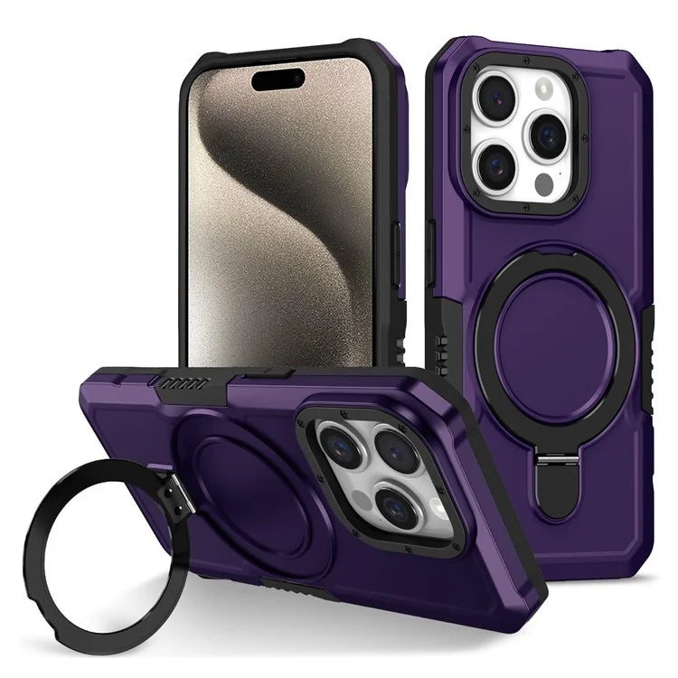 For iPhone 15 Pro Max Ring Kickstand Case TPU + PC Magnetic Phone Cover