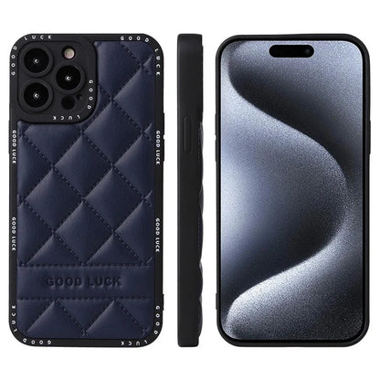 For iPhone 15 Pro Rhombic Grid Texture Case PU Leather Coated PC + TPU Phone Cover