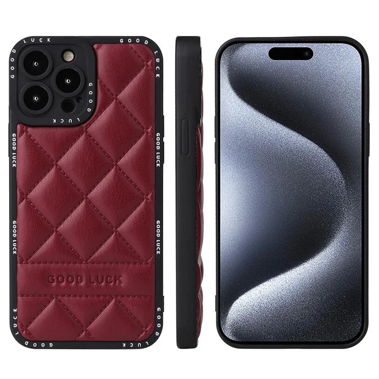For iPhone 15 Pro Rhombic Grid Texture Case PU Leather Coated PC + TPU Phone Cover